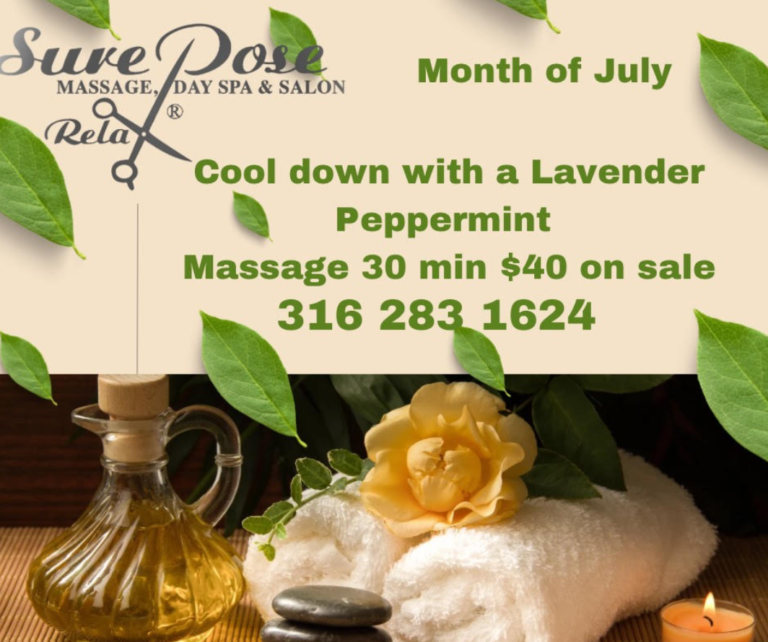 Month of July Special Cool Down with a Lavender Peppermint Massage 30 minutes for $40 at SurePose Massage, Day Spa, and Salon