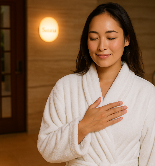 A women in a comfy robe is about to relax and unwind at the best spa in Newton Kansas
